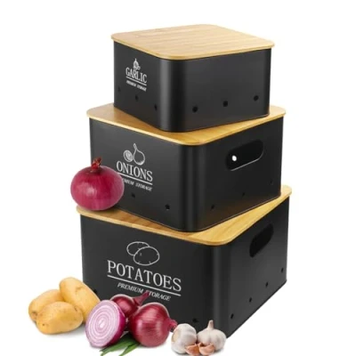 Immagine di Otauoaea Porta Patate Cipolle Aglio Set di 3 Contenitore e Cucina con Coperchio in Bamboo Fori Ventilazione Contenitori Salvaspazio Nero