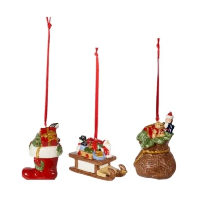 Immagine di Villeroy &amp; Boch Nostalgic Ornaments Set di addobbi Motivo Regali 3 pz., per l’Albero a Forma Calza, Slitta e Sacco dei in Porcellana Dura, Multicolore