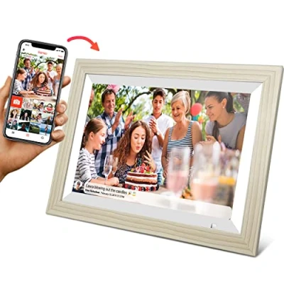 Immagine di Cytem Cornice digitale da 10,1 pollici, Wi Fi con software FrameO, sensore, display IPS 16:10, 1280 x 800, touch screen, colore bianco antico, effetto legno