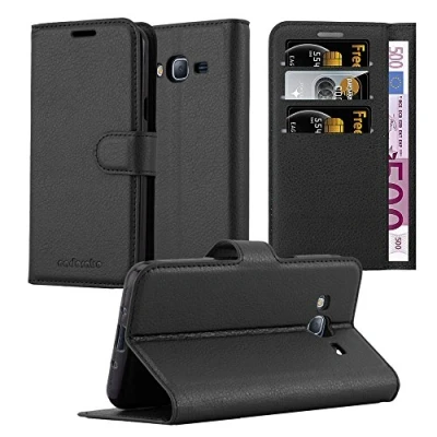 Immagine di Cadorabo Custodia Libro per Samsung Galaxy J3 / DUOS 2016 in NERO CARBONE con Vani di Carte, Funzione Stand e Chiusura Magnetica Portafoglio Cover Case Wallet Book Etui Protezione