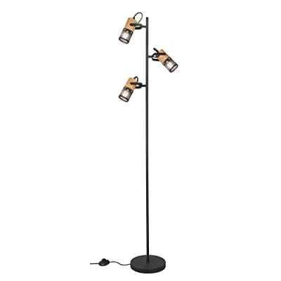Immagine di Trio Leuchten Tosh 404300332 Lampada a stelo in metallo nero opaco, legno, 3 lampadine E14