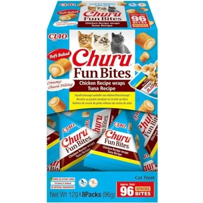 Immagine di INABA Churu Fun Bites Snack per Gatti, Bocconcini di Pollo con Cuore Tonno 8 Pack x 12gr Morbido e Cremoso Cibo Gatti Senza Conservanti o Coloranti Artificiali, Grain Free