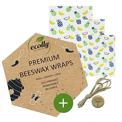 Immagine di ecolly Involucri di cera d&#039;api Set 3 (S, M, L), Salviette d&#039;api, Carta Premium Beeswax Wraps, Plastica libera e riutilizzabile, senza olio jojoba Pineapple
