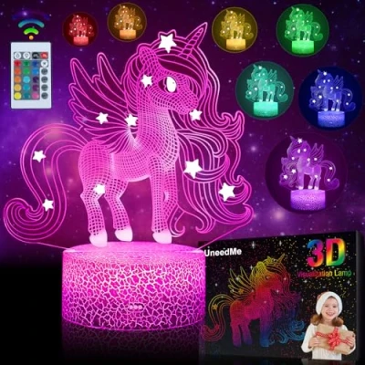 Immagine di UneedMe Regali unicorno per ragazze, luce notturna bambini, giocattoli bambini età 3 4 5 6 7 8 9+ anni, lampada 3D cambia 16 colori con interruttore touch telecomando Idee regalo