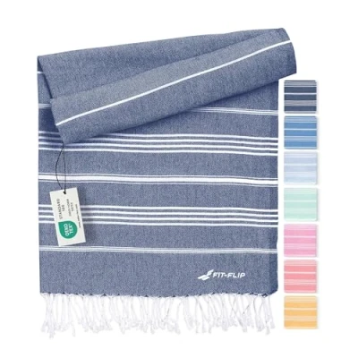 Immagine di Fit Flip telo hammam mare cotone 100% riciclato asciugatura rapida fouta, pestemal asciugamano ideale come sauna e sarong Navy 100x200cm Sultan