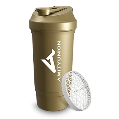Immagine di shaker per proteine ​​FYRA 700 ml con contenitore scomparto polvere proteine, senza BPA setaccio e scala frullati di siero latte BCCA, (Oro)