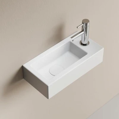 Immagine di EMKE Lavabo sospeso 365 x 180 90 mm compatto ed elegante per piccoli bagni e WC ospiti Rubinetto a destra, installazione parete, bianco lucido