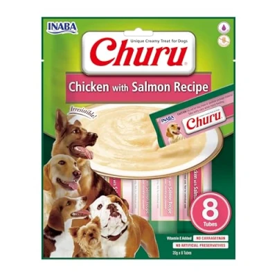 Immagine di INABA Churu Snack per Cani Cremoso al Pollo e Salmone 1 Pack (8 Stick x 20gr) Premietti Cane Ipocalorici, Morbidi Deliziosi, Cibo Senza Conservanti o Coloranti Artificiali, Grain Free