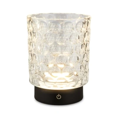 Immagine di BRILONER lampada da tavolo a LED senza fili IP44 con corpo in vetro, dimmerabile tocco, batteria ricaricabile e sorgente luminosa intercambiabile, comodino, 15x11 cm, trasparente