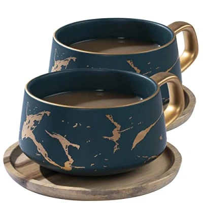 Immagine di VETIN Set 2 tazze da cappuccino con piattino, tazza in marmo, tazzine caffè porcellana 300 ml per tè cappuccino, disco legno (Verde*2)