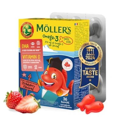 Immagine di Moller’s ® omega 3 Per Bambini Olio di pesce naturale Con DHA ed EPA, Senza glutine, lattosio o zuccheri aggiunti Facili da masticare Gusto fragola 36 pezzi