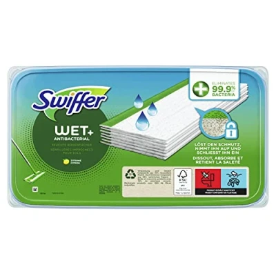 Immagine di Swiffer Panni umidi per pavimenti con profumo fresco al limone, 10 pezzi, una pulizia facile e veloce, verde/bianco