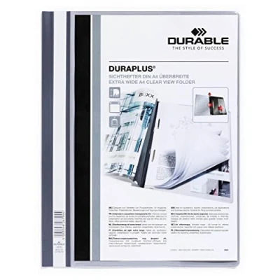 Immagine di Durable 257910 Cartellina ad aghi Duraplus, f.to A4+, fronte trasparente e retro colorato, porta etichetta, tasche interne, grigio, conf. da 25 pezzi