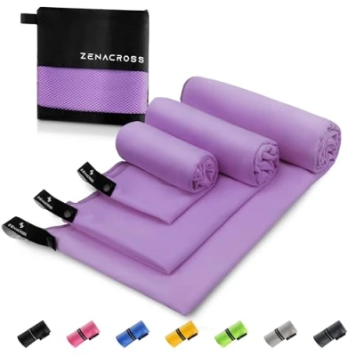 Immagine di Zenacross Asciugamano Palestra (Set di 3) con Borsa per il Trasporto Microfibra a Rapida Asciugatura e Versatile Telo Taglie S, M, L Viola