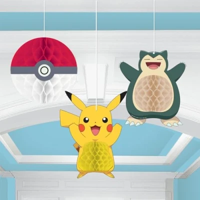 Immagine di amscan Decorazioni a nido d&#039;ape da appendere forma di Pikachu, per feste compleanno dei bambini, con licenza ufficiale Pokémon, confezione 3, Multicolore, 9917119