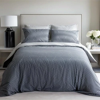 Immagine di LERUUM Set Copripiumino Matrimoniale Cotone Reversibile a Righe Grigio e Bianco (240x220 +2(65x65))
