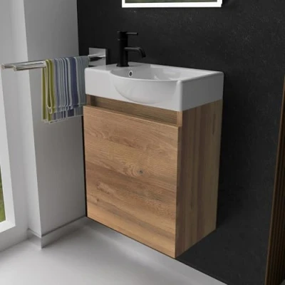 Immagine di Alpenberger lavabo con mobiletto, piccolo per ospiti, mobiletto il bagno, larghezza 45 cm, da appendere, in bambù