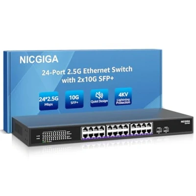 Immagine di 24 Port 2.5G ➕ 2 10G SFP+ Ethernet Switch, NICGIGA 26 2.5Gb Network Switch Unmanaged, Plug &amp; Play, Desktop or 19 inch Rack Mount, Fanless Metal Design.