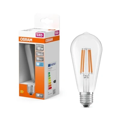 Immagine di OSRAM LED Star Globe nella classica forma della lampadina Edison, 6,5 W / 806 lm, 4000 K per luce bianca fredda, CRI 80, vetro trasparente senza piombo, attacco E27, IP20, EEK E, DM 64 mm, pacco da 6