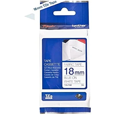 Immagine di Brother TZe FA4B Nastro in tessuto trasferibile non laminato Colore Nastro: Bianco carattere: Blu 18 mm 3 m