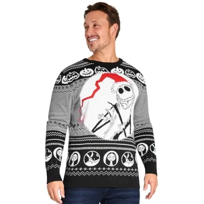 Immagine di Disney Natale Maglione Uomo, Girocollo con Maniche Lunghe Pullover Regalo Uomo e Adolescente (Nera/Multcolore Jack, XS)