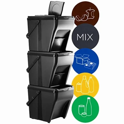 Immagine di KADAX Pattumiera Impilabile con Coperchio per la Raccolta Differenziata, Bidoni della Spazzatura in Plastica Esterni ed Interni (Set di 3, 25 L)