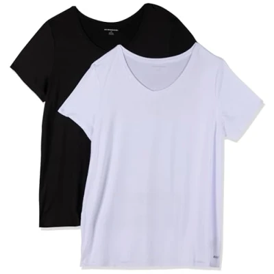 Immagine di Amazon Essentials T Shirt Tech Stretch a Maniche Corte con Scollo V (Disponibile in Taglia Forte) Donna, Pacco da 2, Bianco/Nero, L