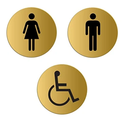 Immagine di Targhette Toilette WC Donne Uomini Handicap Set di 3 Targa Ø 75 mm color oro auto adhesiva