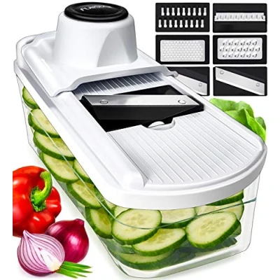 Immagine di Mandolina per Verdure Affetta Professionale Taglia Affettatrice Manuale Julienne Grattugia Tagliaverdure Patate Zucchine Carote Cipolle Formaggio (7 in 1 Bianco)