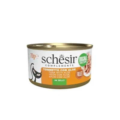 Immagine di Schesir, Filetti di Tonno con Aloe in Gelatina, Cibo Umido Complementare per Gatti, Ricetta Originale, 100% Naturale, 12 lattine da 70g