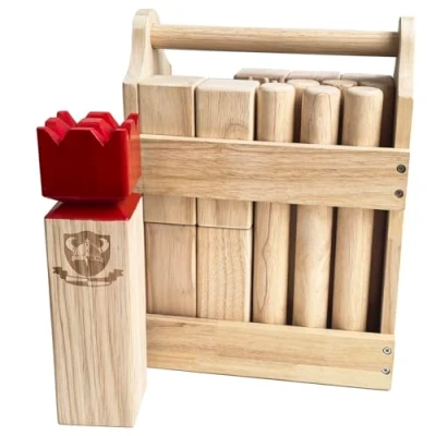 Immagine di KUBB Set di giochi vichinghi in legno duro con cassa gomma, per esterni (regolamento, re rosso)