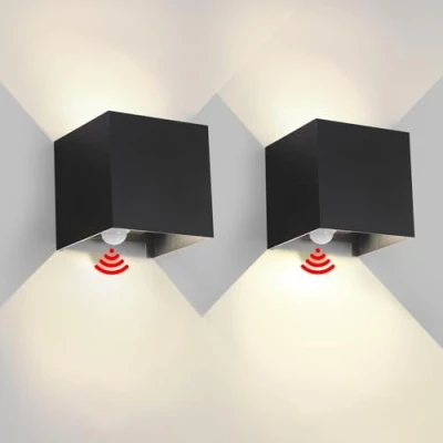 Immagine di 2 Pezzi Applique da Parete Esterno/Interno con Sensore di Movimento e Crepuscolare LED Cubo IP65 Impermeabile Lampada Esterno Moderne Quadrata Angolo del Fascio Regolabile Nero 12W 4000K
