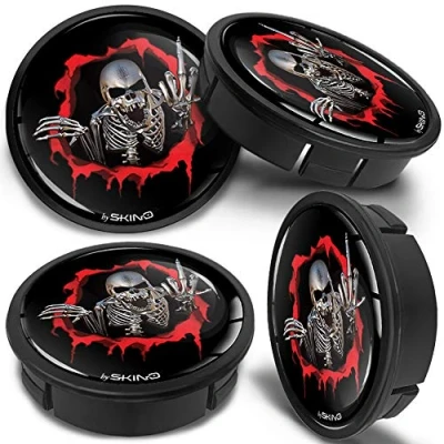 Immagine di SkinoEu 4 x 60mm Coprimozzi Coprimozzo per Centro Universale Copricerchi Tappi Ruote Cerchi in Lega Nero Argento Cranio Skull Dito Medio CX 20