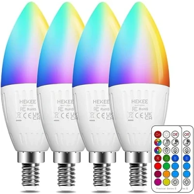 Immagine di Lampadina LED E14, 5W (equivalenti a 40W), candela,Colorate RGBW RGB 2700K Sfera Luce Bianca Calda Dimerabile Cambiare Colore Multicolore con Telecomando (Pacco da 4)
