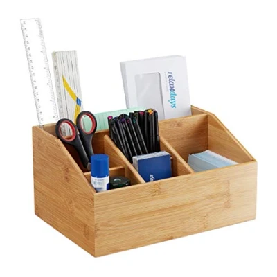 Immagine di Relaxdays Portaoggetti da Scrivania, in Bambù, 6 Scomparti, con Portapenne &amp; Portalettere A5, 14x28x19,5 cm, naturale
