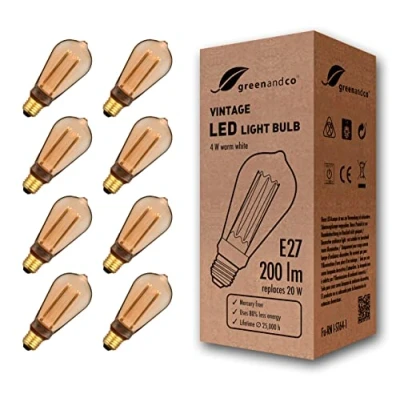 Immagine di 8x greenandco® lampadina a LED di design vintage in stile retrò E27 ST64 4W 200lm 1800K 320 230V, ambra, nessun sfarfallio, non dimmerabile