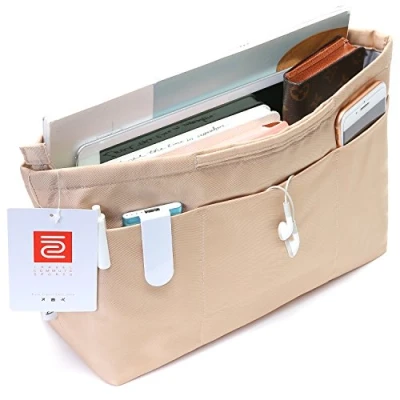 Immagine di iN. Borsa Organizer Inserto con cerniera Tessuto di nylon per le donne Borse &amp; Totebag beige Dimensioni: Small: 13 &quot;(Top)/8.7 &quot;(Fondo) L x 4.7&quot;W 7.5&quot; H