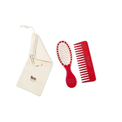 Immagine di TEK Kit da Borsetta: Spazzola Ovale Piccola e Pettine Piccolo Rado Rosso con Custodia in Cotone, Handmade Italy