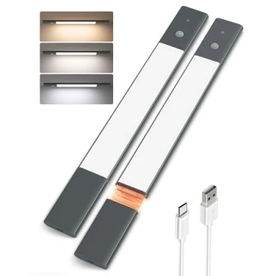 Immagine di EZVALO 38CM LED Faretto da Cucina, Senza Fili a 3 Temperature di Colore, Batteria Rimovibile e Dimmerabile con Sensore Movimento PIR per le Scale dell&#039;armadio, Nero (2 pezzi)