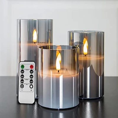 Immagine di Eywamage candele tremolanti senza fiamma in vetro grigio argento con telecomando, confezione da 3 finte realistiche a LED ∅ 7,6 cm H 10,2 12,7 15,2
