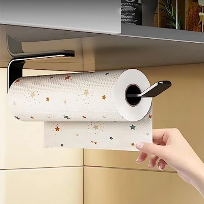 Immagine di Portarotolo da Parete Cucina, Porta Rotolo Cucina Senza Forature, Autoadesivo Rotoli Montaggio a Parete, Alluminio, Finitura Opaca (A 33cm)