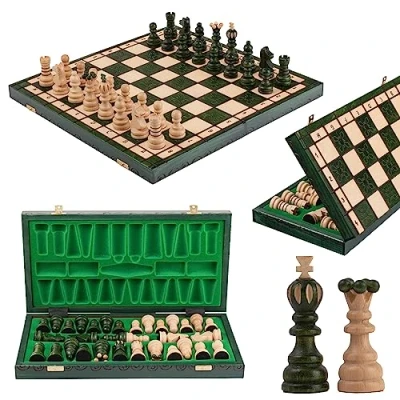 Immagine di Master of Chess Scacchiera in Legno “PEARL XL 42 cm Fatto a Mano Portatile Verde Grandi Set di Scacchi Pieghevoli per Bambini e Adulti