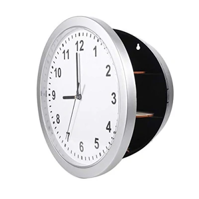 Immagine di Orologio da Parete in Argento Cassaforte per Denaro Stash Gioielli di Valore Custodia Contanti, Scatola Contenitore Segreto Nascosto, con 3 Ripiani, la casa o L&#039;Ufficio.