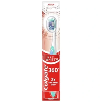Immagine di Colgate Max White 360 Spazzolino da Denti Durezza Media, 1 Pz Sbiancamento dei Denti, Rimuove Macchie, Pulisce Zone di Difficile Accesso, Pulitore Lingua e Guance, Elimina l&#039;Alito Cattivo