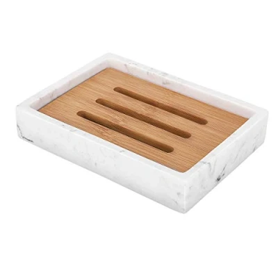 Immagine di Luxspire Portasapone con Chip di bambù, Vassoio Resina Custodia Rotonda per Contenitore Sapone Drenante a Doppio Strato Bancone del Bagno Cucina Bianco