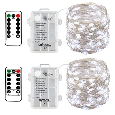 Immagine di BXROIU 2 x 50 LEDs Stringa Luci a Batteria,Catene Luminose Filo d&#039;Argento 5M,8Modalità,Timer e Telecomando,per Interni ed Esterni,Feste, Matrimoni,Giardino Decorazione Natalizia(bianco freddo)