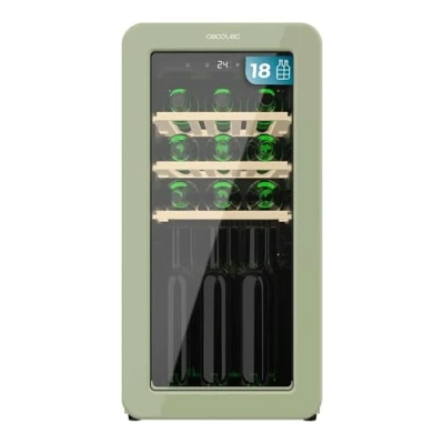 Immagine di Cecotec Cantinetta 18 Bottiglie Retrò Bolero Grandsommelier Origin Hit Green. Finitura Verde Con Controllo Led, Temp. 5 20ºC, Compressore, NoFrost, Ripiani In Legno, Luce Interna, Ventilazione