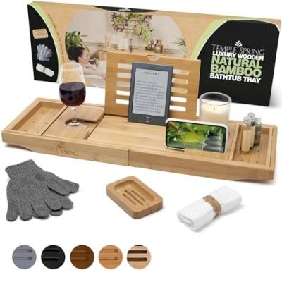 Immagine di Temple Spring vassoio da bagno allungabile per vasca con candele, bicchieri di vino, libri, iPad e supporti telefono, regolabile sopra accessori