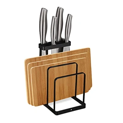 Immagine di relaxdays Porta Coltelli &amp; Taglieri 2in1, Accessorio Organizer da Cucina in Metallo, Ceppo Portacoltelli Smart, Nero, Ferro, 1 pz