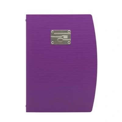 Immagine di SECURIT Porta Menu Linea Rio Per Caffè, Ristoranti, Bar Formato A4 Placca Serigrafata In Acciaio Inox Con Disegno Delle Posate 1 Doppio Inserto Incluso Colore Viola